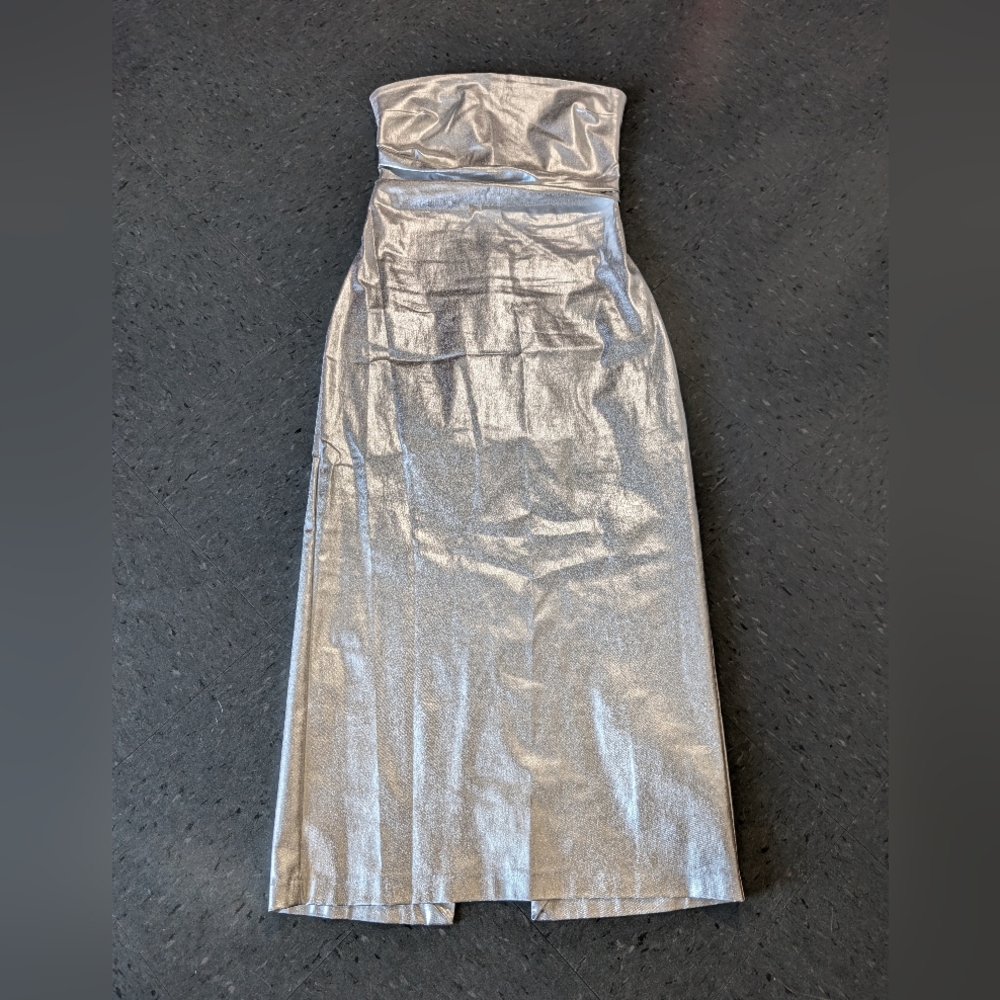 Zara Metallic Silver Strapless Midi Dress